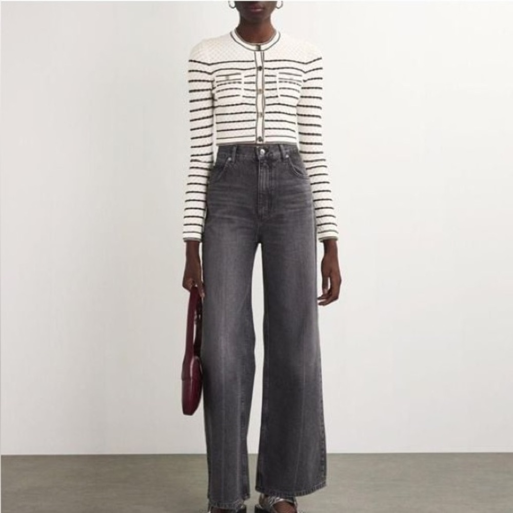 SANDRO Cropped White and Black Striped Cardigan Gold Hardware Buttons Sz 2 = Med - Picture 11 of 12